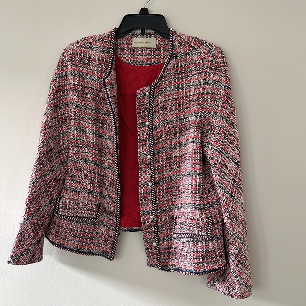 PURIFICACION GARCIA pearl button multicolor boucle tweed jacket blazer M/L 44 EU